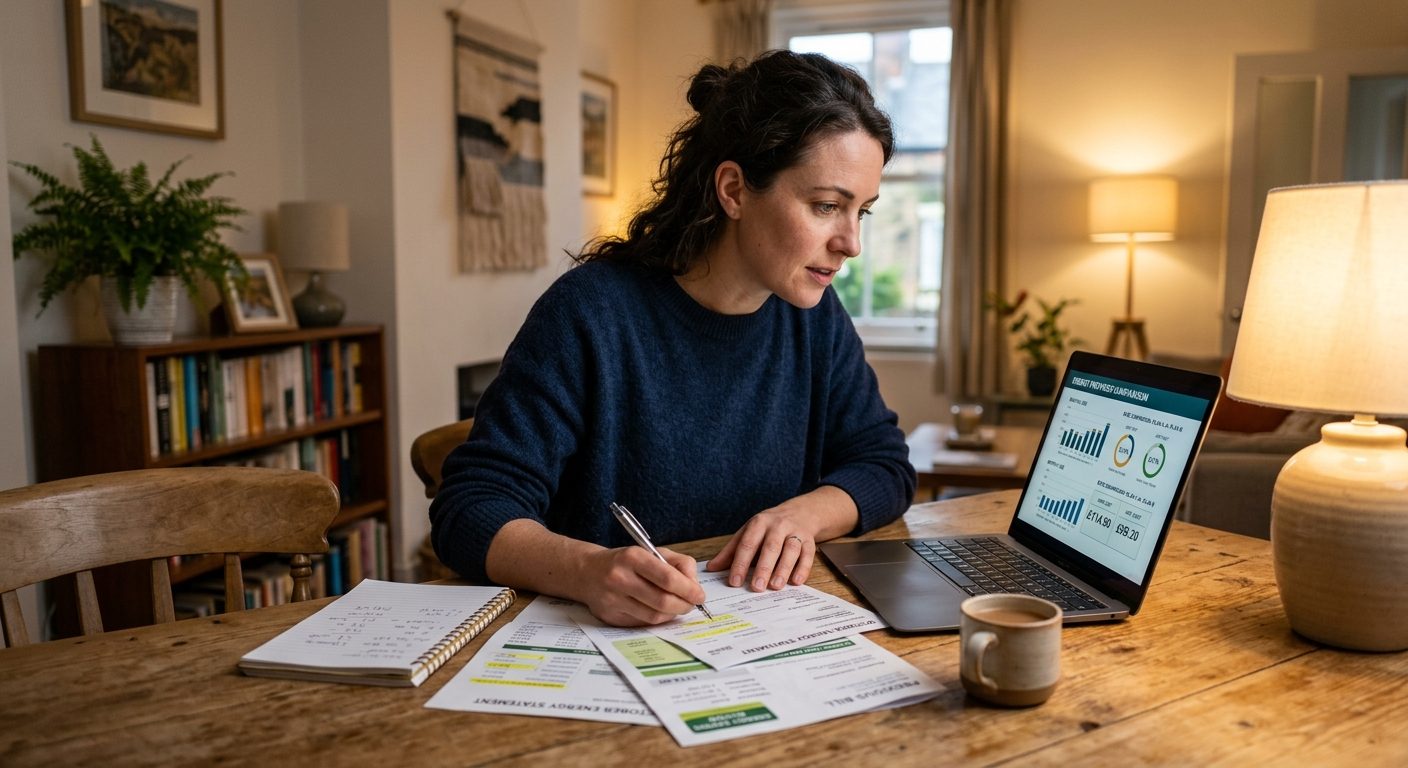 Person sammenligner strømleverandører og priser på computer hjemme
