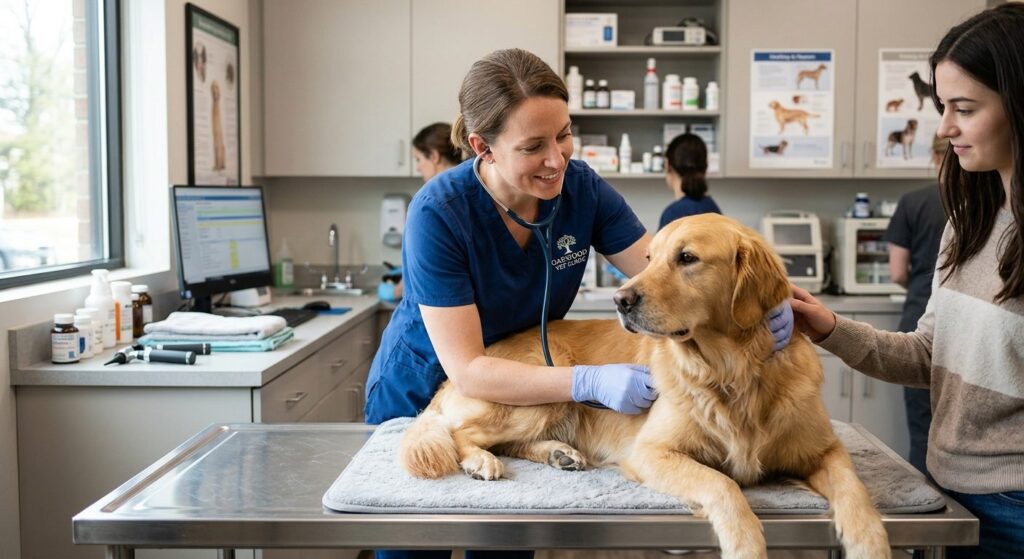 Dyrlæge undersøger hund på klinik - sådan sparer du penge på dyrlægebesøg