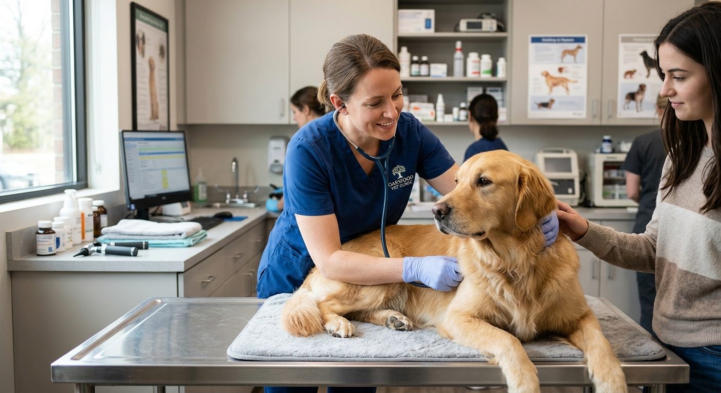 Dyrlæge undersøger hund på klinik - sådan sparer du penge på dyrlægebesøg