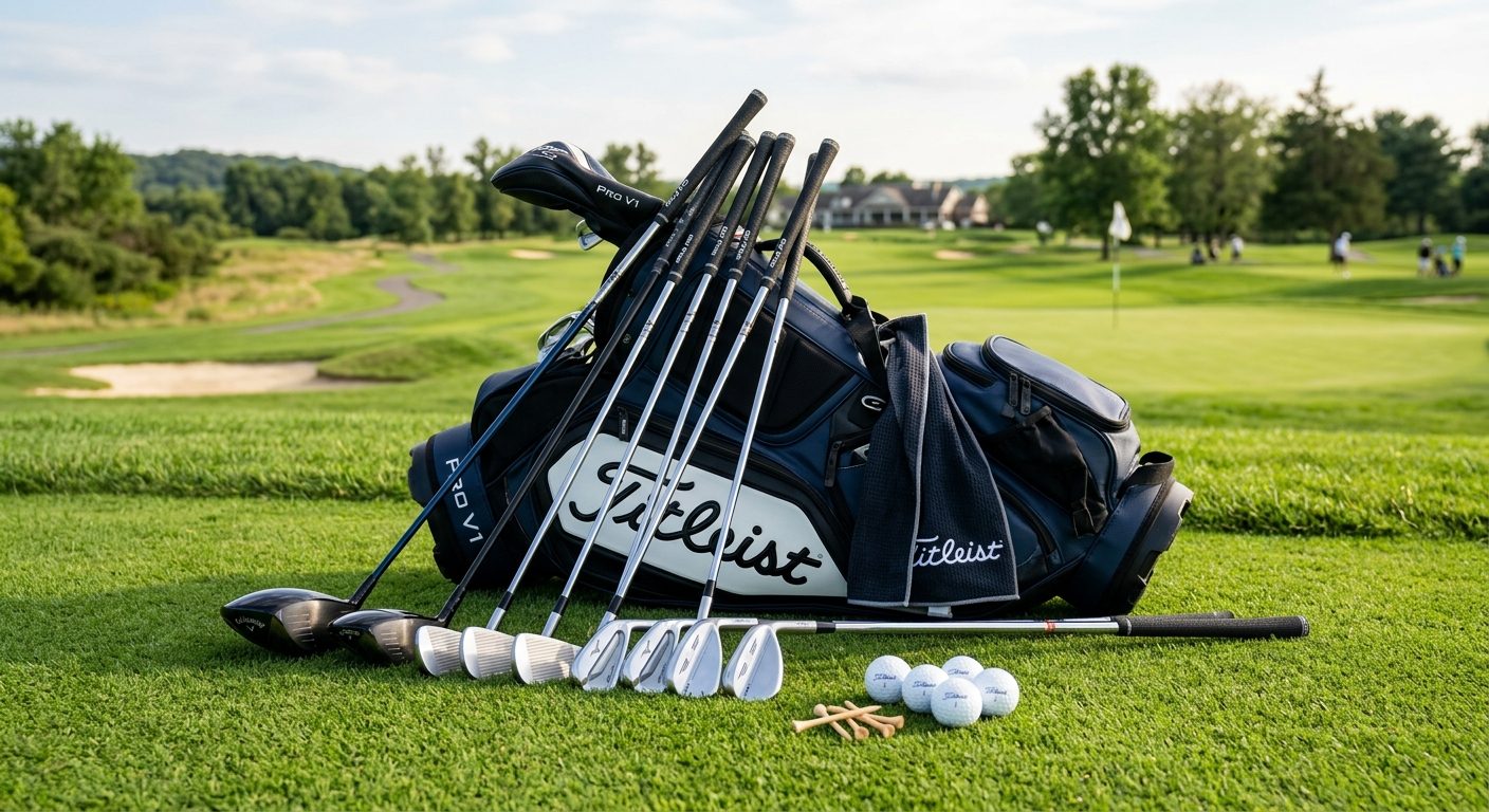 Udvalg af golfudstyr med køller, bolde og golfbag på græsplæne