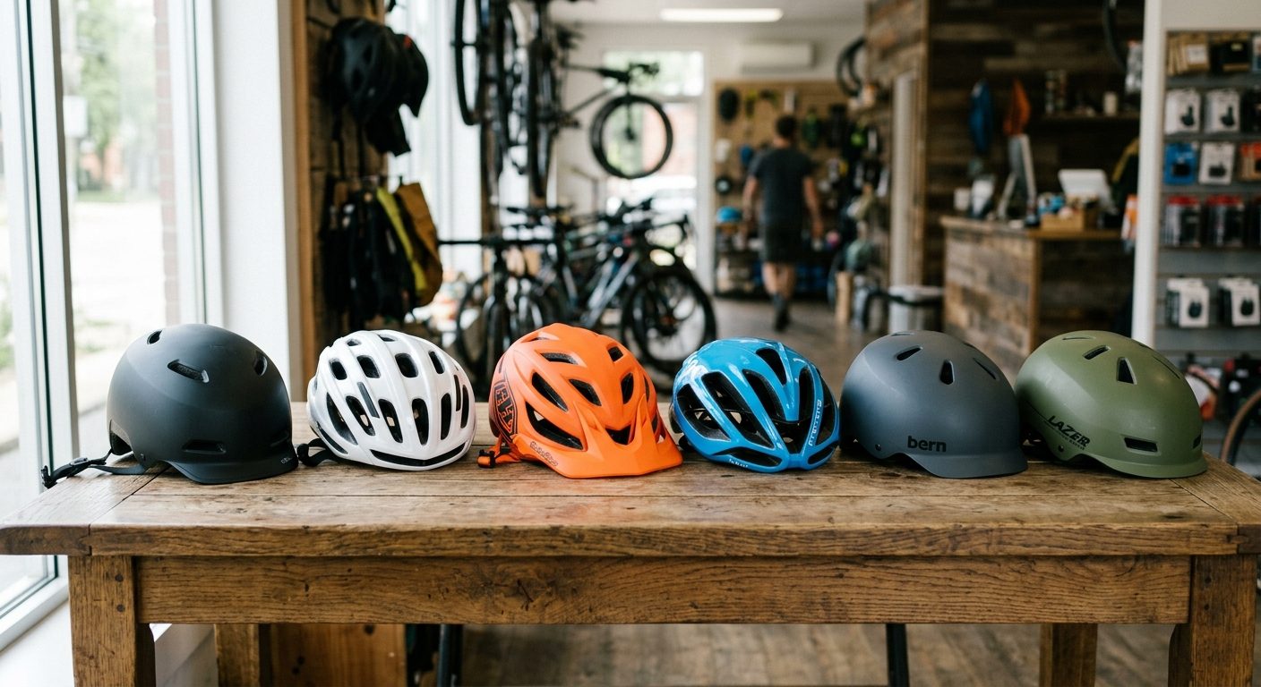 Forskellige cykelhjælme i varierende prisklasser stillet op på træbord for sammenligning