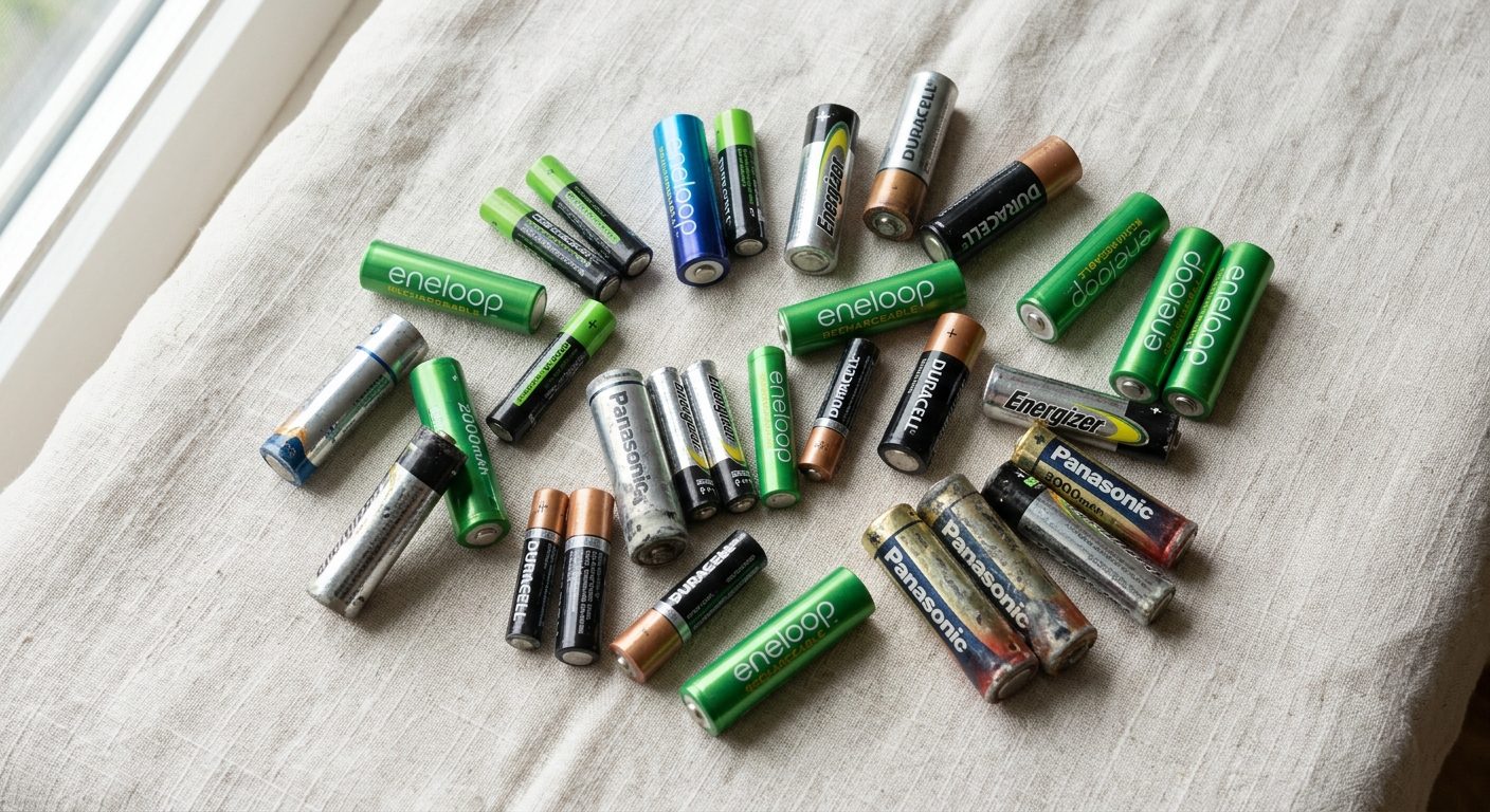 Genbrugte og nye genopladelige batterier i forskellige tilstande på neutral baggrund