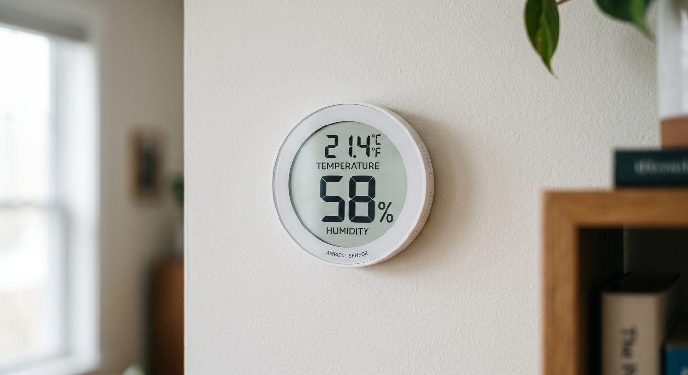 Et modernt hygrometer på væg viser fugtighedsmåling i procent - vigtig investering for indeklimaet