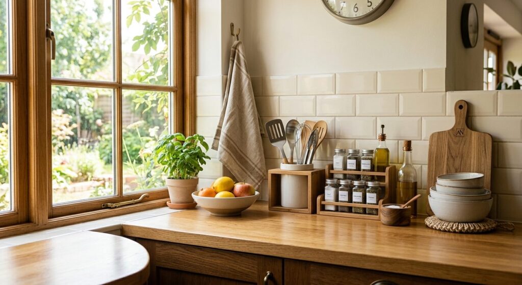 Velorganiseret køkkenbord med smart indretning og minimal uorden