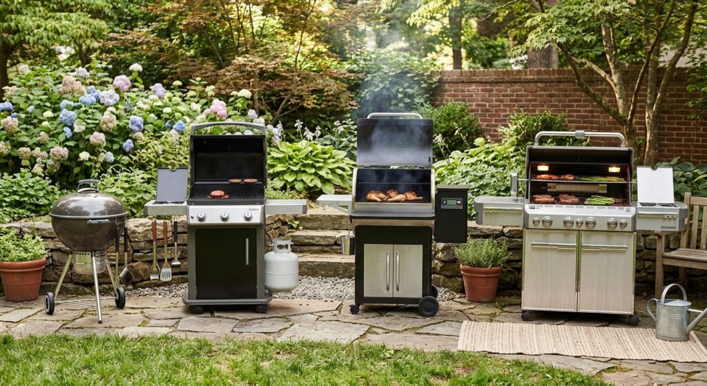 Forskellige grillmodeller fra budget til premium som viser prisintervaller og værdi