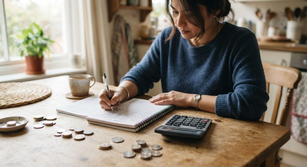 Person planlægger sit budget efter 50/30/20-reglen ved køkkenbordet med lommeregner og papirer