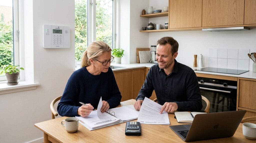 Realistic photograph of a Danish residential kitchen with mo