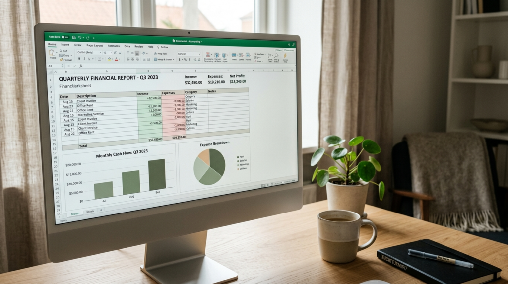 Fotorealistic close-up of organized accounting spreadsheet o