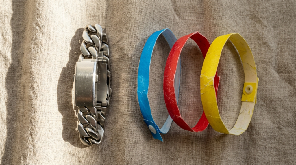 Overhead flat lay composition showing one premium stainless 