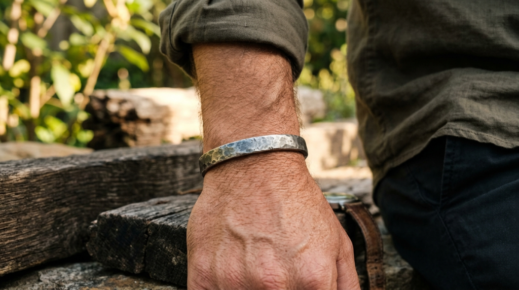Close-up detail shot of a mans wrist wearing a well-crafted