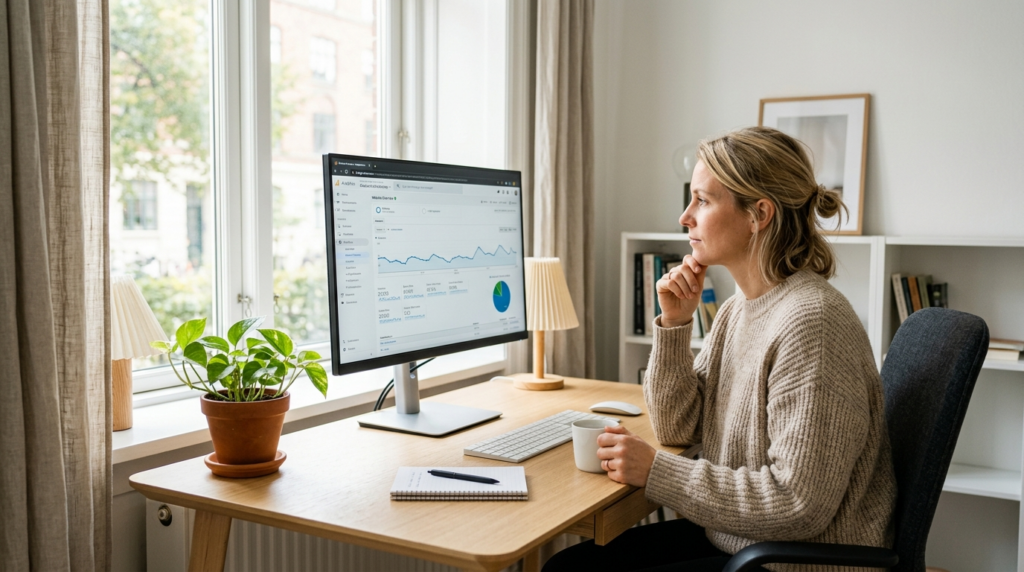 Wide shot realistic photograph of a small business owner sit