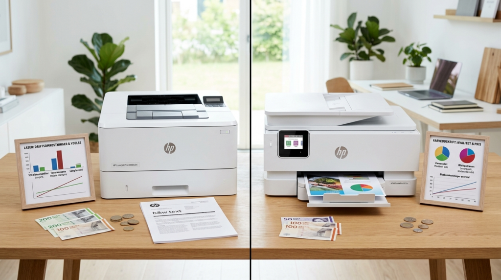 Split-screen comparison photograph showing a laser printer o