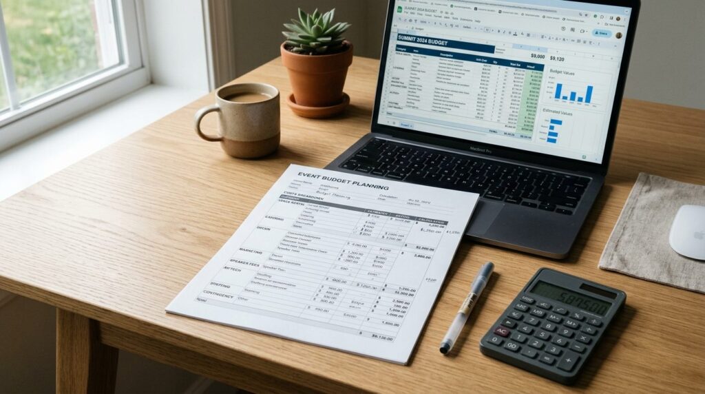 Close-up of a budget planning document with event costs brea