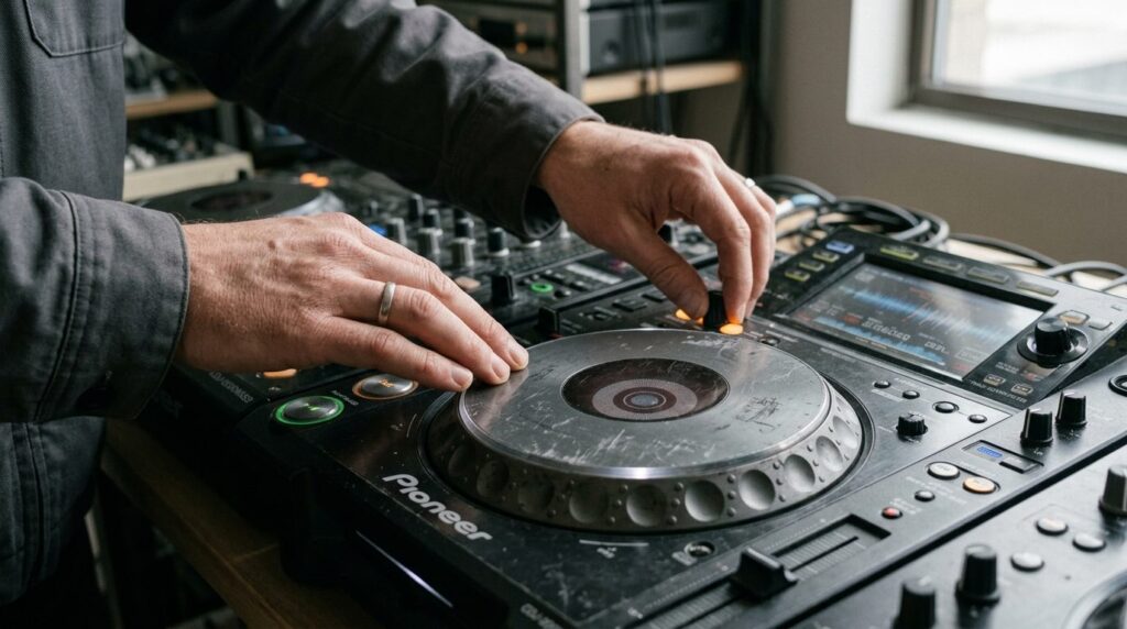 Hænder undersøger brugt professionelt DJ-udstyr tæt på.
