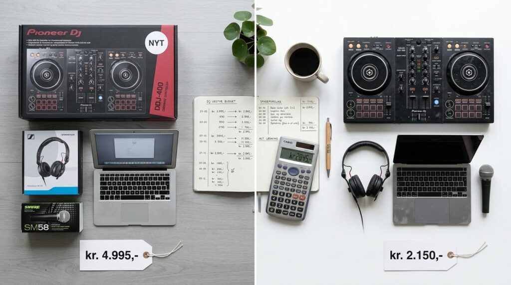 Udstyr ordnet fladt for at sammenligne nyt mod brugt DJ-equipment.
