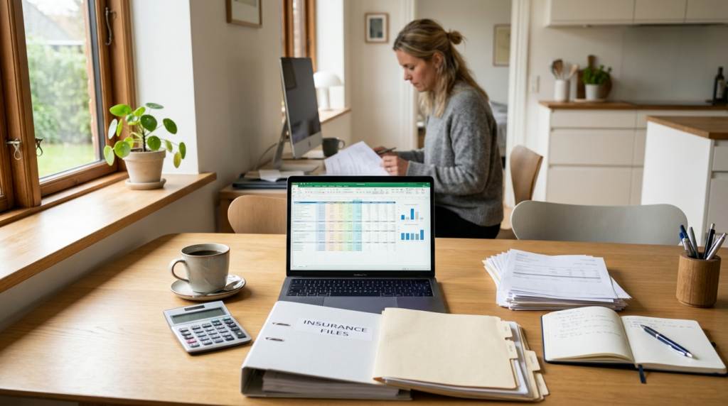 Photorealistic image of a Danish kitchen table with a laptop