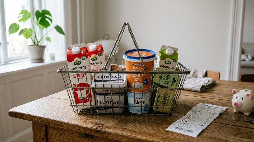 Realistic close-up of a Danish familys shopping basket cont