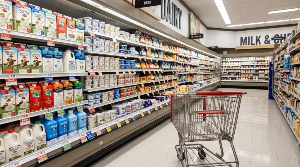 Photorealistic image of supermarket dairy aisle shelves stoc