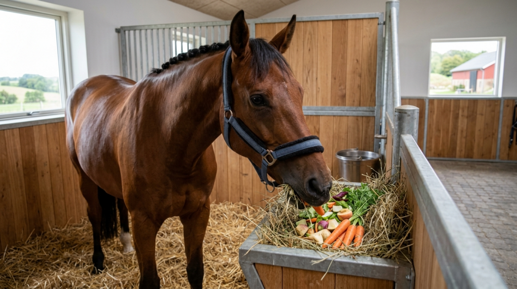 Close-up photorealistic shot of a healthy brown horse eating