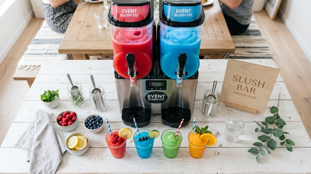 Close-up overhead shot of a sleek rental slush machine with