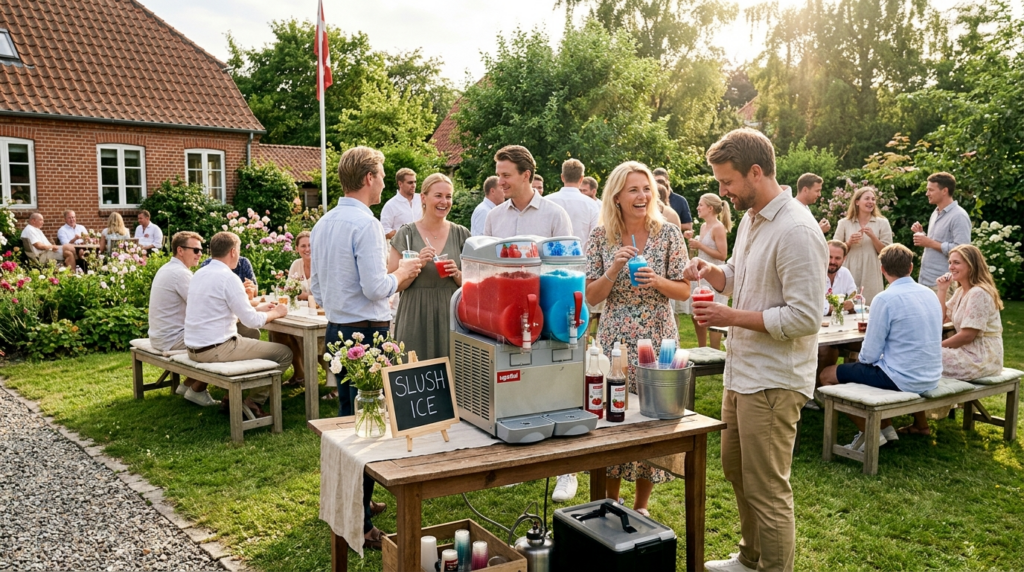 Wide shot of a cost-conscious event setup showing a compact