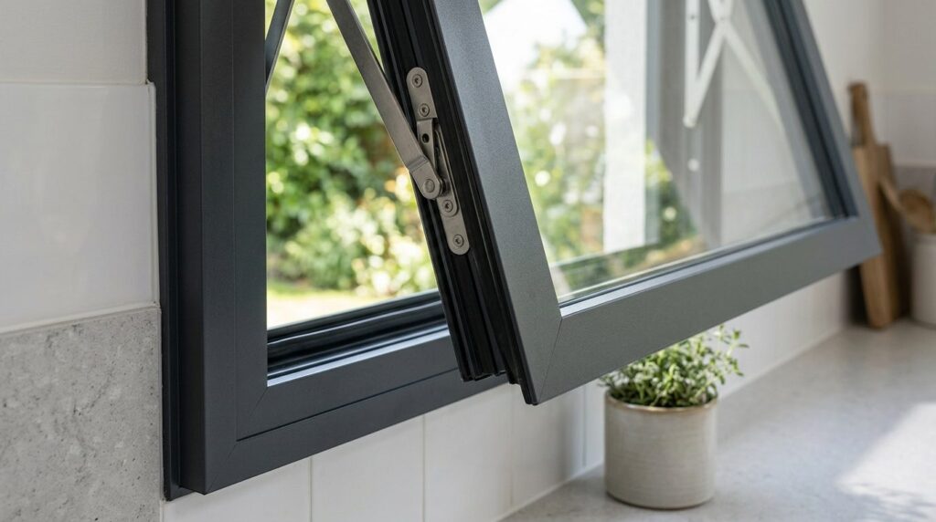 Close-up detail shot of a high-quality top-hung kitchen wind