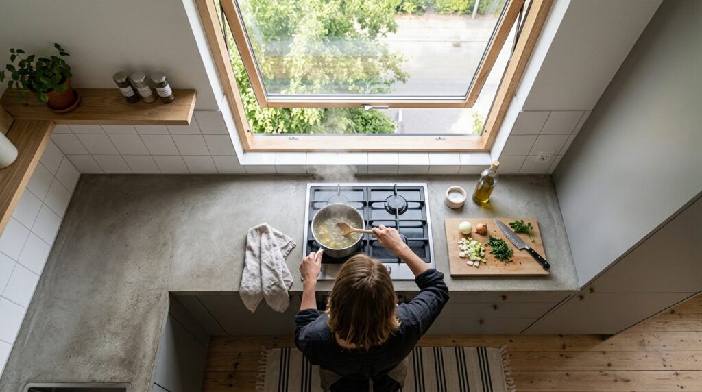Overhead view of a Scandinavian kitchen workspace with a top